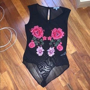 Black mesh bodysuit with flowers